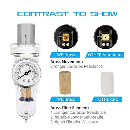 NANPU 1/4" NPT Compressed Air Filter Regulator Combo Piggyback, 5 Micron Brass - Image 5