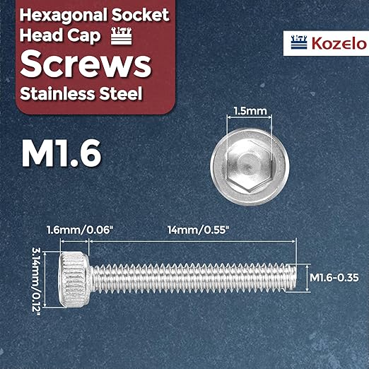 Kozelo 60pcs Socket Head Cap Screws - [M1.6-0.35 x 14mm] 304 Stainless Steel Allen Socket Drive for Electrical Motor 3D Printing Fan Engine Replacement Use, Silver