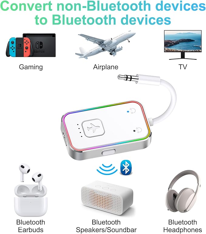 Beeitzie Bluetooth Transmitter for Airplane,Bluetooth V5.4 Transmitter for 2 Airpods/Headphones Dual Pairs.Wireless Transmitter for in-Flight/TV/Gym,with AptX LL,Metal Frame
