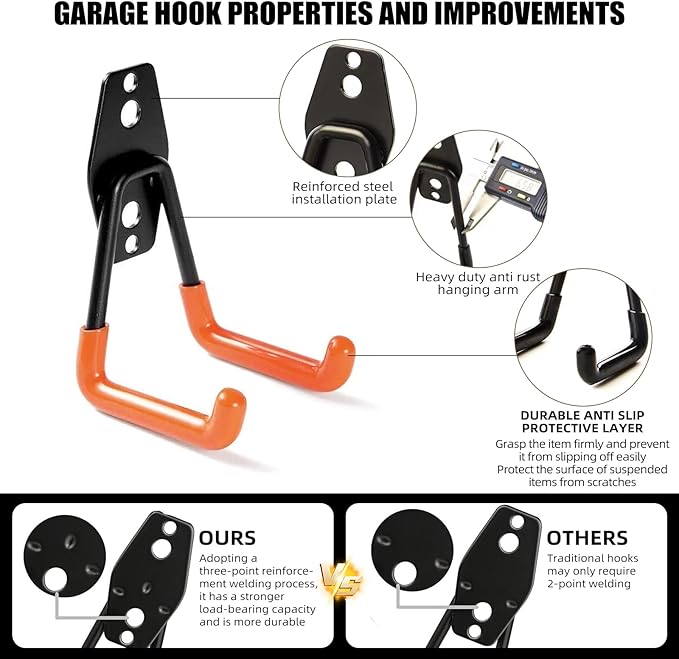 CRXCRC Garage Hooks, 6 Pack Medium Square Wall Hooks for Hanging Heavy Duty Ladders, Bikes, Tools Ideal for Garage, Garden, Basement Utility Room Storage (Orange)