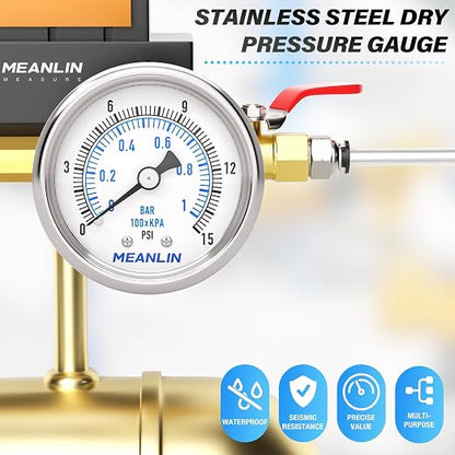 MEANLIN MEASURE 0~15Psi Dry Low Pressure Gauge Stainless Steel 1/8" NPT 2" FACE - Image 7