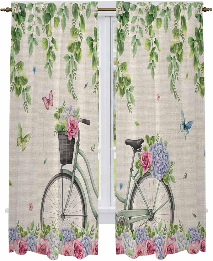 Farmhouse Spring Kitchen Curtains, Retro Bicycles Flowers Vines Butterfly Light by Unknown