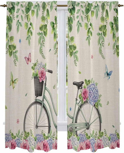 Farmhouse Spring Kitchen Curtains, Retro Bicycles Flowers Vines Butterfly Light by Unknown