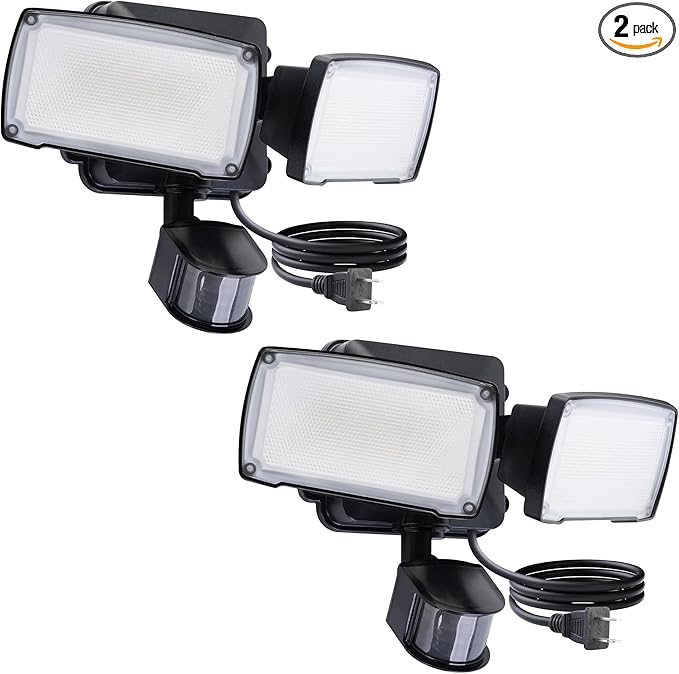 LUTEC 2 Pack 21W Plug in Motion Sensor Light Outdoor, Flood Lights Outdoor Motion Sensor,2500LM, 5000K Daylight,IP65 Waterproof,Adjustable 2 Heads Wall Light for Garage, Porch, Yard - Black