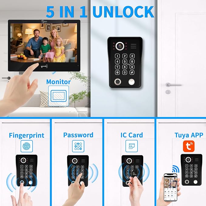 Wired Video Apartment Intercom System,Door Phone Kit,10 Inch Touch Monitor with 1080P HD Doorbell Camera,Supporting Motion Detecting 5 in 1 RFID Card Unlcking for Home Villa (2 Doorbell + 3 Monitor)
