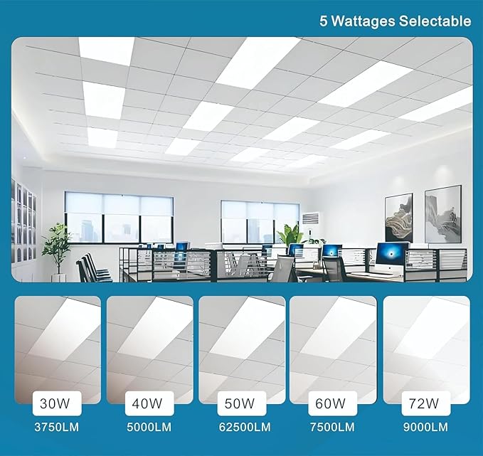 2x4 FT LED Light Flat Panel, 40-72W, 5 CCT 3K | 3.5K | 4K | 5K | 6.5K, Dimmable Recessed Drop Ceiling Lights, 3750/5000/6250/7500/9000 Lumens, Lay in Fixture for Office, 120-277V, UL DLC (16 Pack)