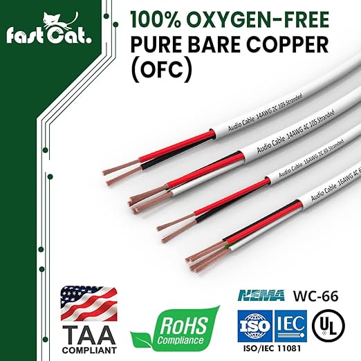 fast Cat. Speaker Wire 14 Guage 4C, UL Listed & CMR/CL3R-FT4 Rated - Speaker Cable w/PVC Jacket, 100% Oxygen-Free Pure Bare Copper - (105) HighFlex 14 Guage Wire - in-Wall Use-500ft Bulk Cable, Black