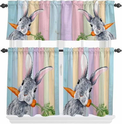 Easter Kitchen Curtain Set, Spring Grey Rabbit Carrots Colorful Wooden Plank by Unknown