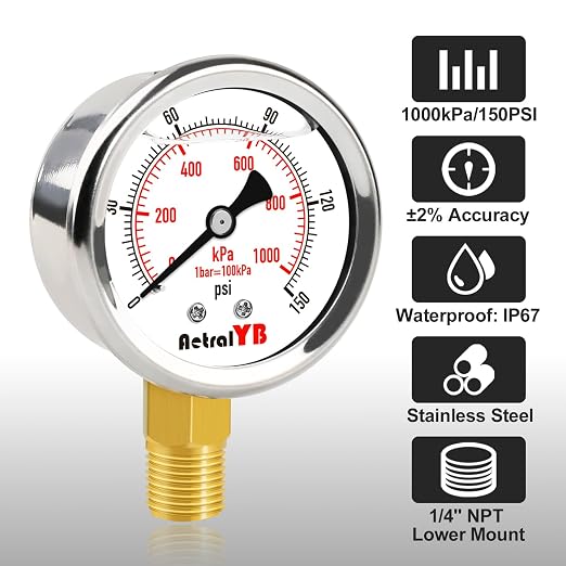 0-150 PSI Pressure Gauge, Liquid-Filled, Stainless Steel Case, Brass Internals - Image 2