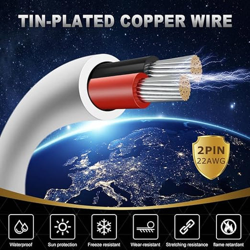 22 Gauge 2 Conductor Electrical Wire, 100FT White Stranded Low Voltage 22/2 PVC Case, 22 AWG Tinned Copper 2 Wire Extension Power for Strips LED Lamp Lighting