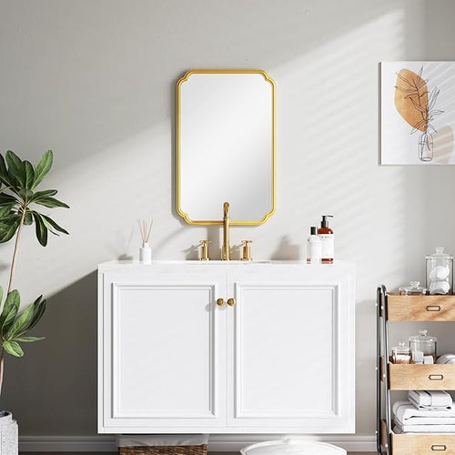 22x34 Inch Gold Bathroom Mirror, Metal Framed Wall Mirror with Rounded Edges, Rustproof Horizontal Vertical Hanging for Vanity Over Sink
