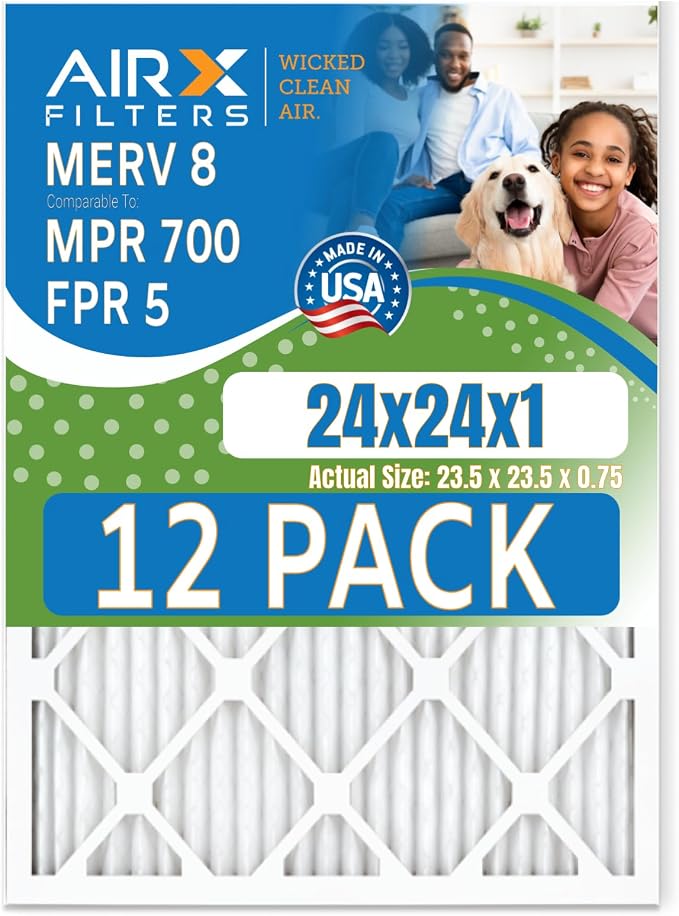 24x24x1 Air Filter MERV 8 Rating, 12 Pack of Furnace Filters Comparable to MPR by AIRXFILTERSWICKEDCLEANAIR