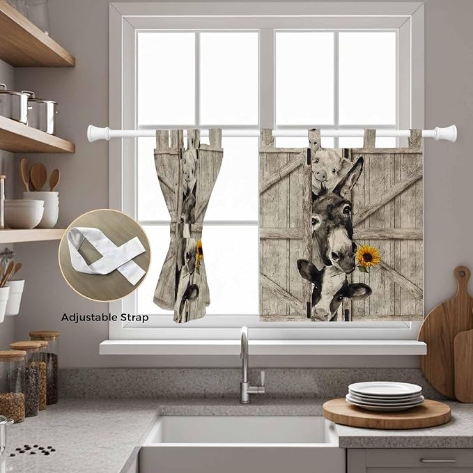 Funny Farm Animals Kitchen Curtains 24 Inch Length, Small Window Curtains Tab - Image 5