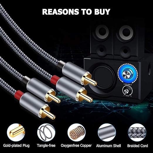 Goalfish RCA Cable, 10FT RCA Male to Male Audio Stereo Subwoofer Cable [2Pack, Hi-Fi Sound] Nylon-Braided Auxiliary Audio Cord for Home Theater, HDTV, Amplifier, Hi-Fi Systems,Speakers (Grey)