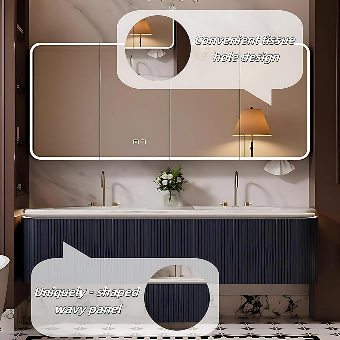 Bathroom Vanity with Double Sinks - LED Smart Defogging Mirror & Equipped with Tissue Hole | Modern Double Sink Bathroom Cabinet, 2 Drawers & Wavy Panel, Dark Blue (Mirror Cabinet, 88IN)