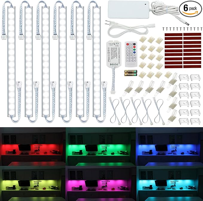 Under Cabinet LED Lights Kit. RGB Color Changing & Super Bright White Lighting. Dimmable with Remote. 6 pcs Linkable LED Light Strips with Power Supply, Extension Cords. Plug in. Max 24W. RGB + 5000K.
