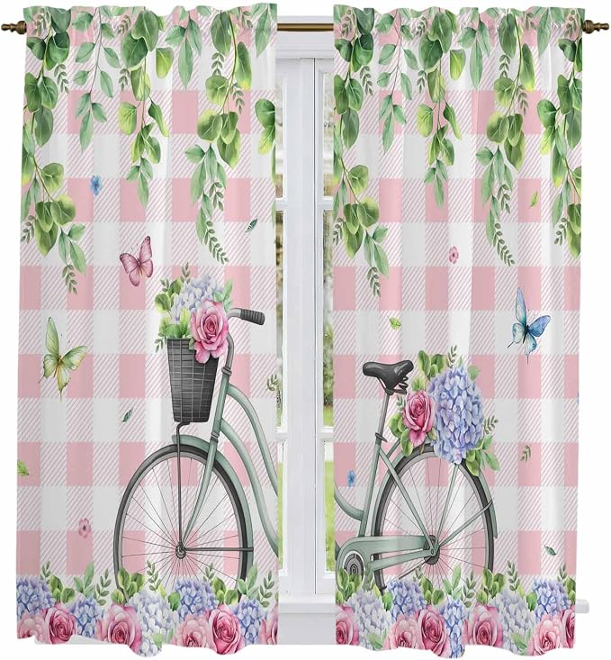 Spring Kitchen Curtains, Bicycles Leaves Butterfly Flowers Pink Buffalo Plaid by Unknown