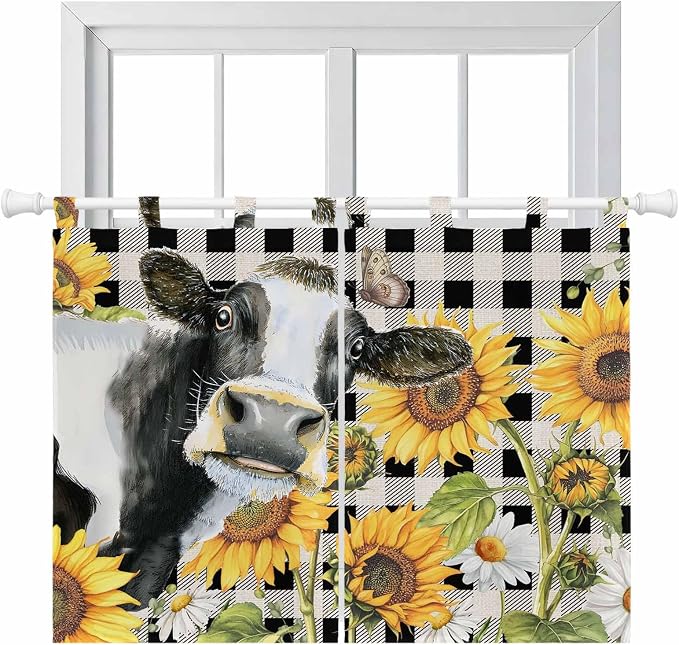 Retro Sunflowers Kitchen Curtains 45 Inch Length, Short Cafe Window Curtains by Unknown