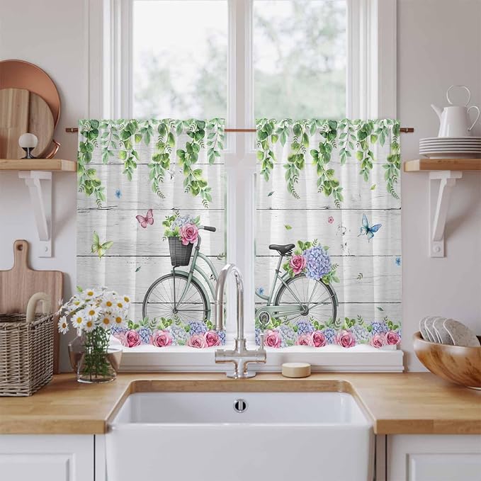 Spring Kitchen Curtains, Bicycles Botanical Rose Leaves Butterfly Wood Grain by Unknown