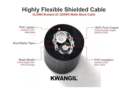 KWANGIL 2C 22AWG AMSB Shielded Cable Wire (UL2464) - Highly Flexible Str TC, PVC Ins, OS+TC BRD, PVC JKT for CNC Machine, Stepper Motor, VFD Spindle (Matte Black 25FT)