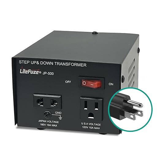LiteFuze 500W Japan Voltage Converter Transformer – Step Up/Down 100V to 120V / 120V to 100V – Heavy Duty Power Converter with Fuse Protection & Fully Grounded Cord (JP-500)