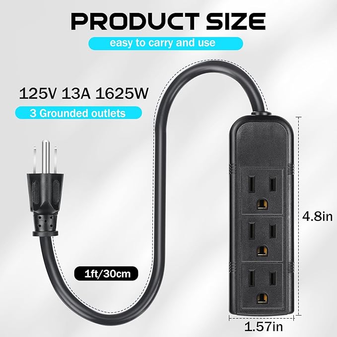 Copkim 36 Pack 3 Outlet Power Strip Extension Cord with Flat Plug Mini Cord 3 Ground Heavy Duty Mountable Outlets Strip for Computer Phone Home Office (1 ft,Black)