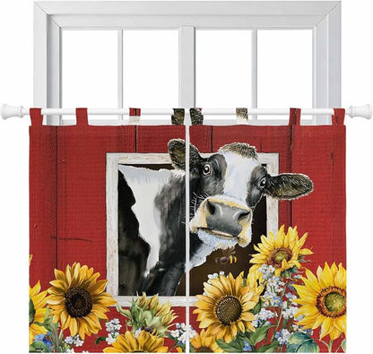 Cows Sunflowers Kitchen Curtains 45 Inch Length, Short Cafe Window Curtains Tab by Unknown