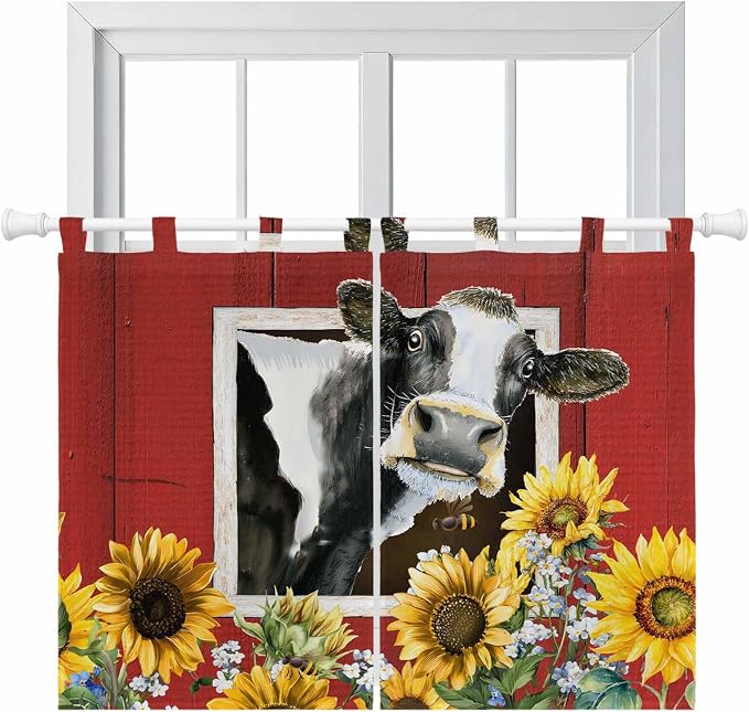 Cows Sunflowers Bedroom Curtains 63 Inch Length, Window Curtains Tab Top by Unknown