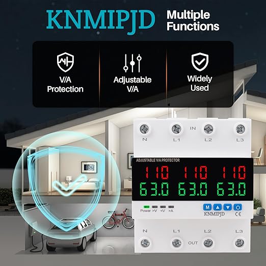 KNMIPJD Over Under Voltage Protection Device, 110V 63A Adjustable Circuit Breaker with LED Display for Real-Time Monitoring of Voltage, Current, Power, Home Commercial Electrical Safety（4P 63A）