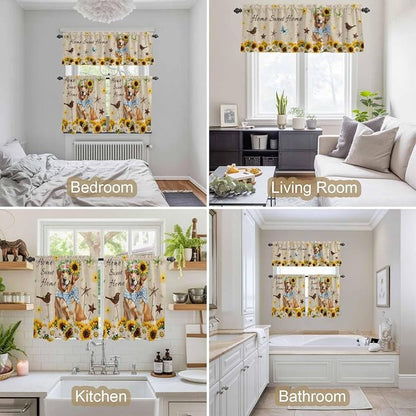 Kitchen Curtains Tiers and Valance Set of 3, Sunflowers Dog Light Filtering - Image 7