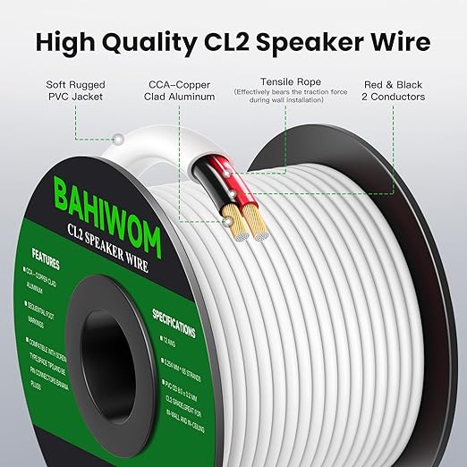 BAHIWOM Fire Safety CL2 Speaker Wire in-Wall & in-Ceiling 12 Gauge Wire 200 FT CCA Cord 2 Conductors Red Black Speaker Cable for Indoor Home Theater System,Car Audio Soft White Jacket