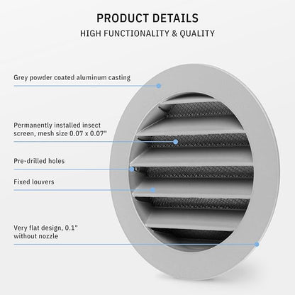 calimaero® WSGG 4" Inch Gray Round Metal Air Vent Grill Cover Flat Louver - Image 4