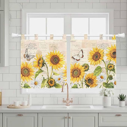 Yellow Sunflowers Kitchen Curtains 24 Inch Length, Small Window Curtains Tab Top - Image 3