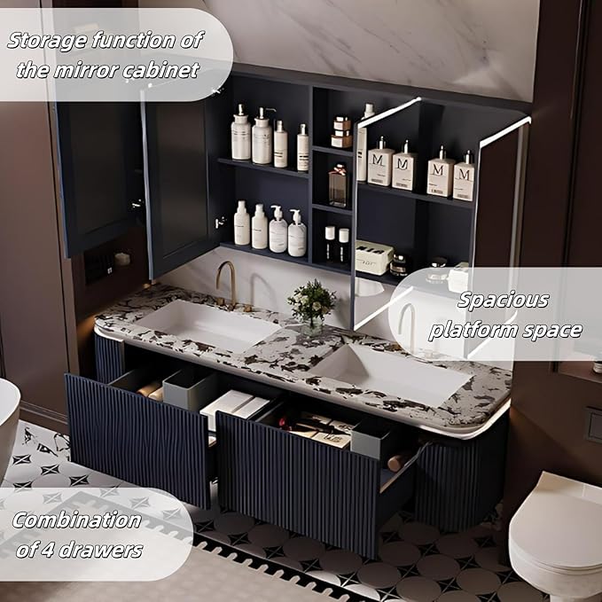Bathroom Vanity with Double Sinks - LED Smart Defogging Mirror & Equipped with Tissue Hole | Modern Double Sink Bathroom Cabinet, 2 Drawers & Wavy Panel, Dark Blue (Mirror Cabinet, 68IN)
