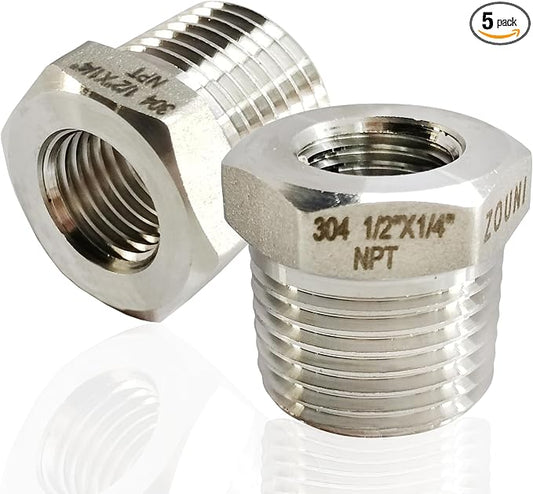 2 Pcs 304 Stainless Steel Reducer Hex Bushing, 1/2" Male NPT to 1/4" Female by Zounionline