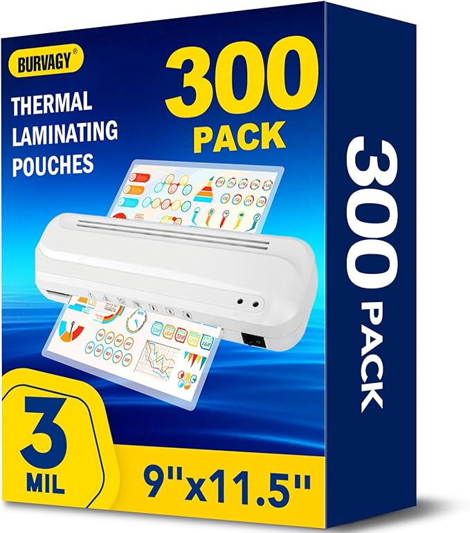 BURVAGY 300 Pack Laminating Sheets, 3 Mil, 9 x 11.5 Inches Thermal Laminating Pouches Lamination Sheet Paper for Laminator, Clear, Letter Size, Office and School Supplies