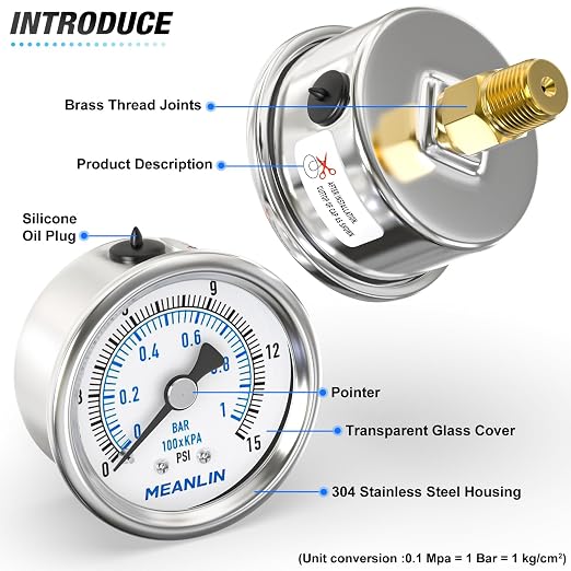 MEANLIN MEASURE 0~15Psi Dry Low Pressure Gauge Stainless Steel 1/4" NPT 2" FACE - Image 4