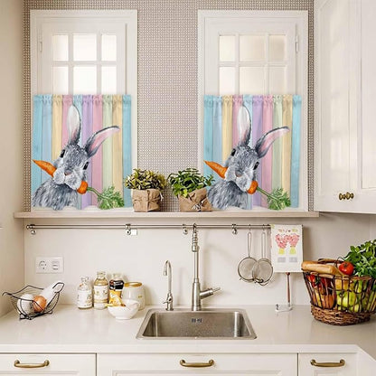 Easter Kitchen Curtain Set, Spring Grey Rabbit Carrots Colorful Wooden Plank - Image 4