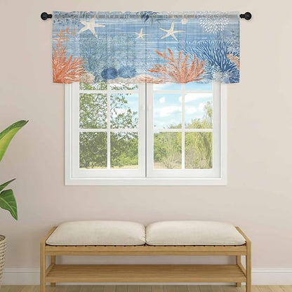 Ocean Corals Sheer Valance Curtains, Summer Beach Coral Sea Stars Blue Stripes - Image 4