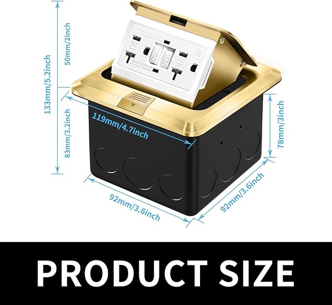 Vagueior Recessed Floor Electrical Outlet Kit,Waterproof Electrical Outlet Covcer Box,Hidden GFCI Outlet+20A Tamper-Resistant Receptacle Outlet with Slow Elastic Damping，ETL Certified，Gold(2 Pack)