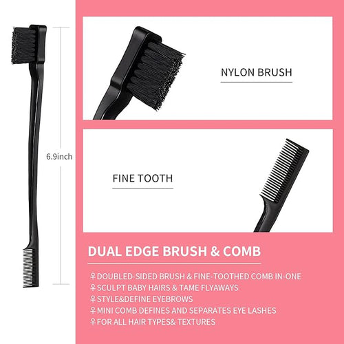 3 Pieces Hair Styling Comb Set Teasing Brush Rat Tail Comb Edge Brush for Edge&Back Brushing, Combing, Slicking Hair for Women (Black)