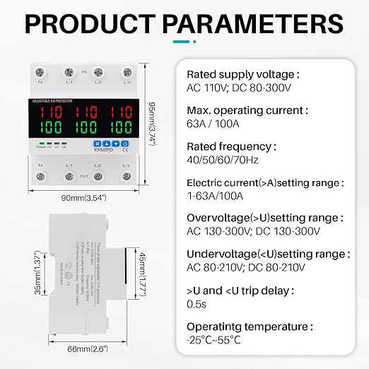 KNMIPJD Over Under Voltage Protection Device, 110V 100A Adjustable Circuit Breaker with LED Display for Real-Time Monitoring of Voltage, Current, Power, Home Commercial Electrical Safety（4P 100A）