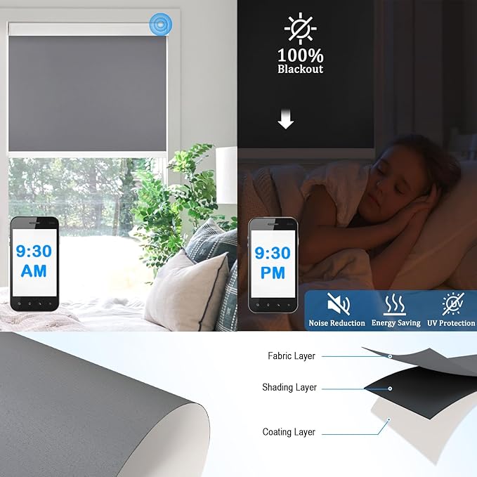 COOLWINDS Motorized Blinds with Remote Cordless Automatic Motorized Shades Custom Blinds for Windows Smart Curtains Compatible with Alexa Google Home(Blackout Thunder Grey,W48 x H72in)