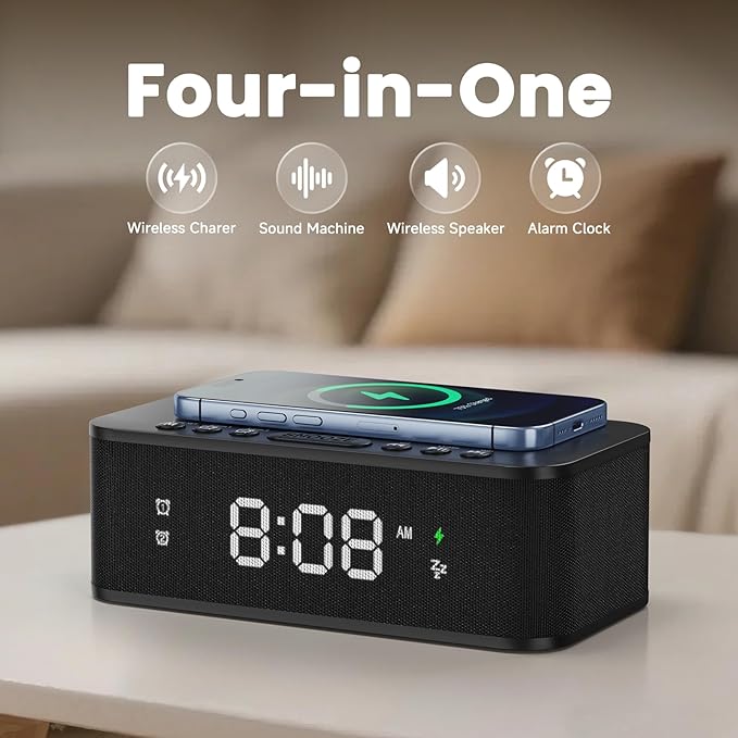 Fansbe Direct Digital Alarm Clock White Noise, Loud Digital Alarm Clocks Bedrooms, Alarm Clock Speaker Wireless Charger AUX USB Bluetooth Speaker 12/24H Dual Alarm Snooze Adjustable Brightness, Black