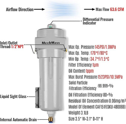 63 CFM Compressed Air Oil-Water Separator Precision Filter, Oil Content 0.01ppm - Image 2