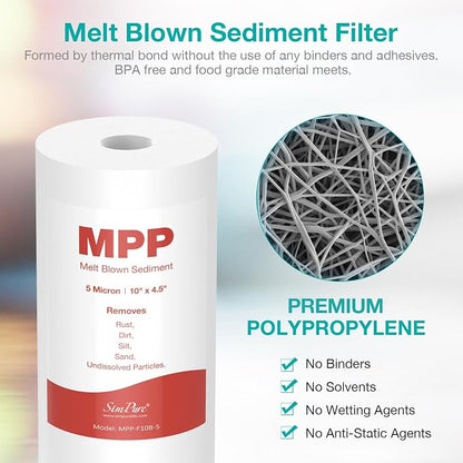 SimPure Sediment Water Filters, 5 Micron 10" x 4.5" Whole House Water Filter - Image 3