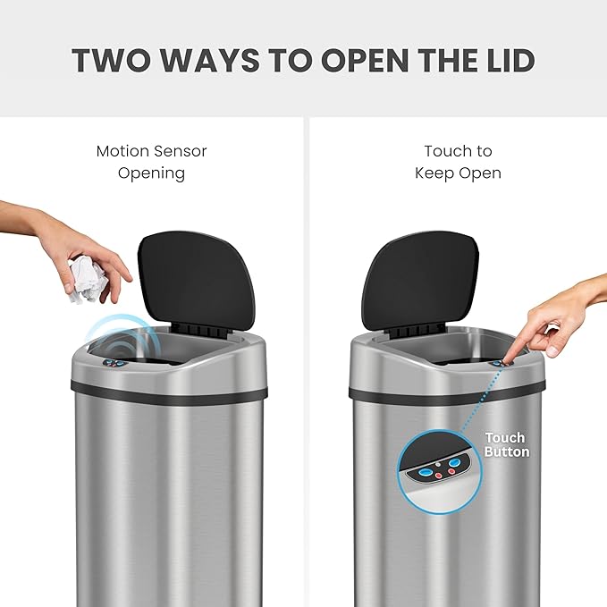 iTouchless 13 Gallon Sensor Kitchen Trash Can with Lid and Odor Filter, Stainless Steel Oval Automatic Trashcan for Home Office Bedroom Living Room Garage Large Capacity Slim Space-Saving Trash Bin