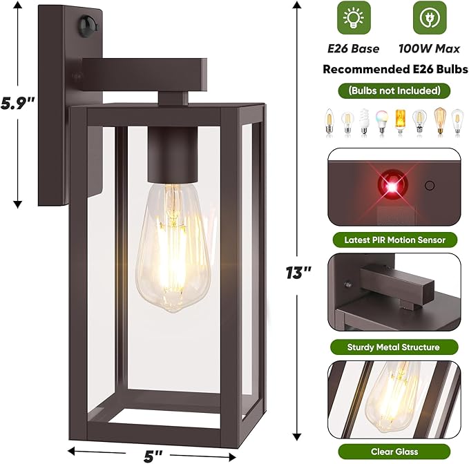 2-Pack Upgraded Motion Sensor Outdoor Wall Lights, 13” Dusk to Dawn Porch Lights Outdoor Wall Sconce Lanterns, 3 Lighting Modes Exterior Lighting Fixtures, Brown Outside Lights for House Patio Garage