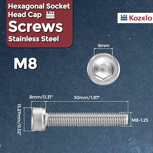 Kozelo 12pcs Socket Head Cap Screws - [M8-1.25 x 50mm] 304 Stainless Steel Allen Socket Drive for Electrical Motor 3D Printing Fan Engine Replacement Use, Silver
