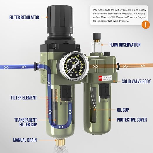 NPT 3/8" Air Regulator with Gauge, Air Compressor Water Separator with - Image 3